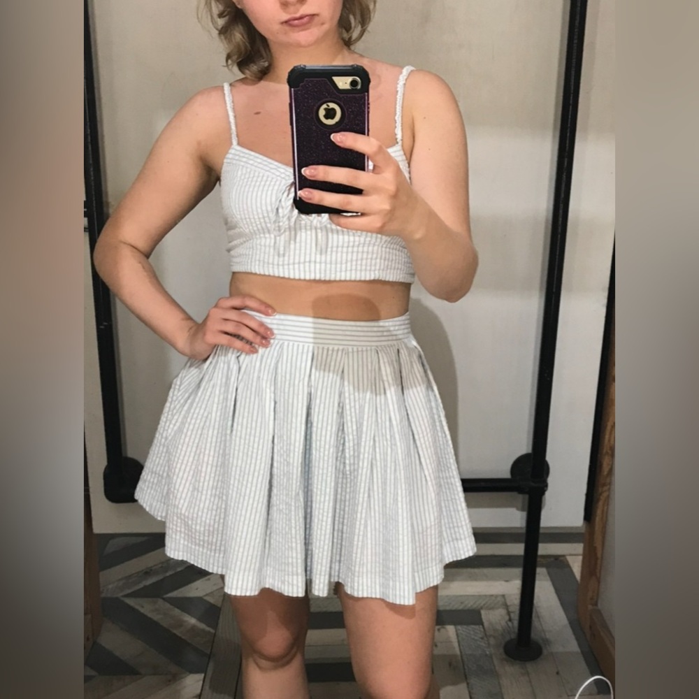 Urban Outfitters Seersucker White and Blue Stripe Skirt and Top Set